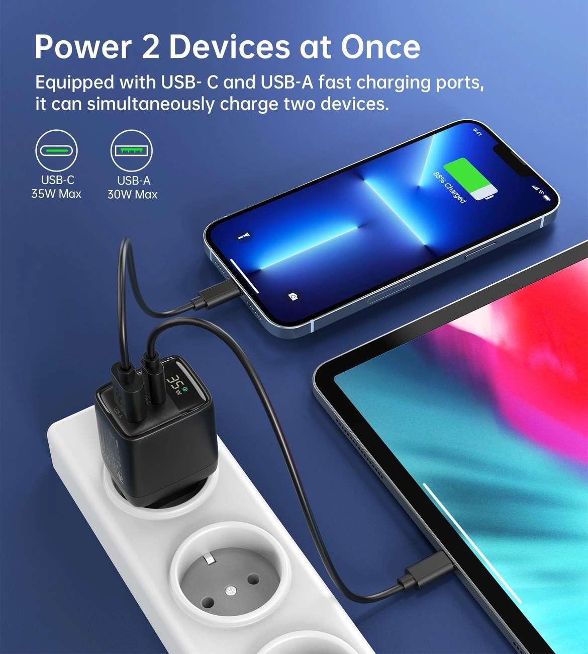 Choetech PD35W GAN Dual type-C Display wall charger US black